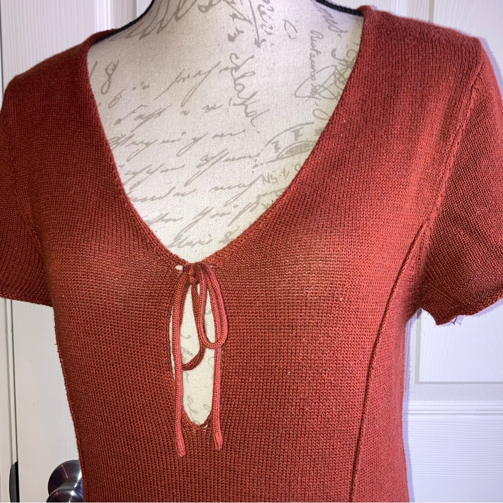 Knit Rust Orange Short Sleeve Keyhole Skater Style Autumn Fall Dress Large - Picture 4 of 7